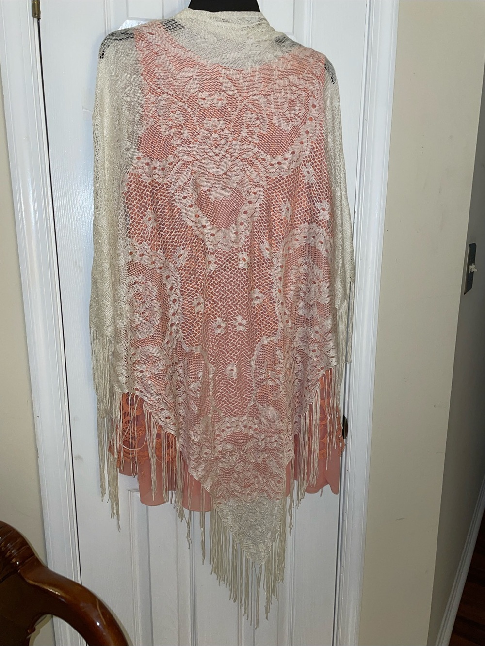 Cream Lacey Fringed Shawl OS